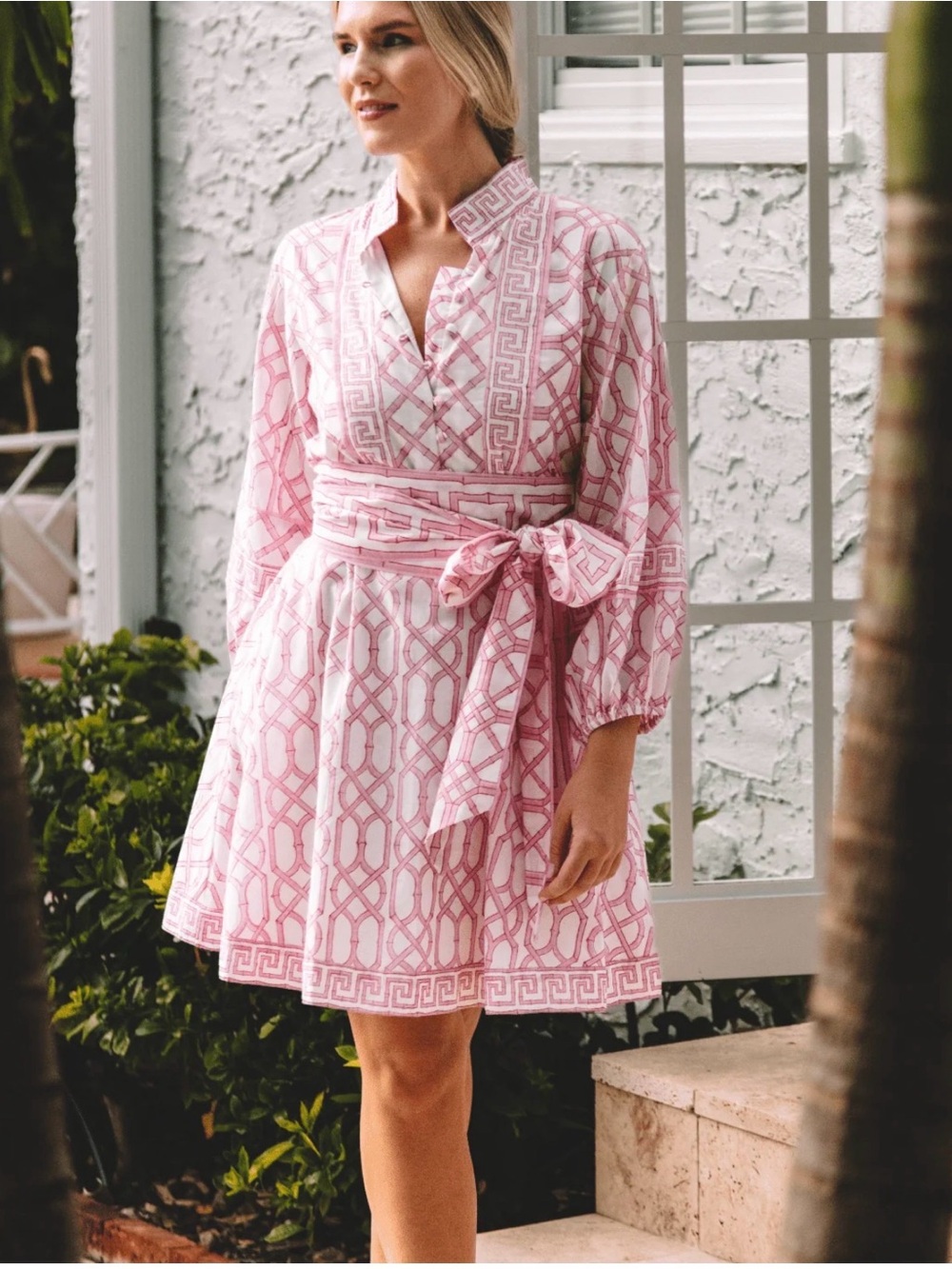 Pink Printed Tie-Belt Mini Dress with Mandarin Collar